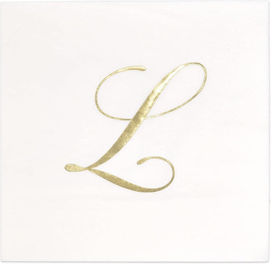 Gift Boutique 100 Gold Monogram Cocktail Napkins Letter L Disposable Paper Pack Elegant Metallic Golden Foil Hand Napkin for Powder Room Wedding Holiday Birthday Party Baby Shower Decorative Towels