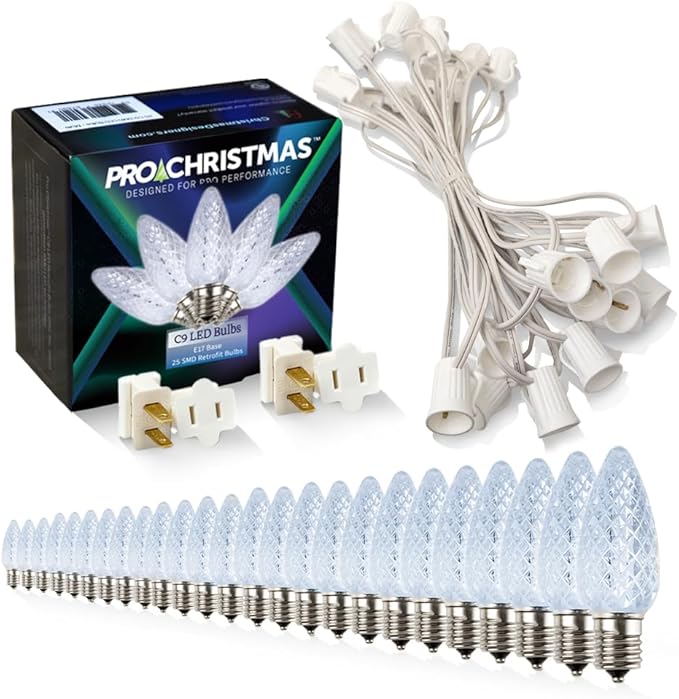 Pro Christmas C9 LED Christmas Light Kit for Rooflines & Pathways – DIY Cut to Length, Outdoor Commercial Grade (White Wire w/Vampire Plugs, 25 Bulbs, 25 ft) Cool White