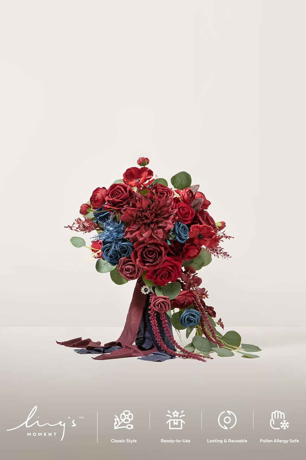 Ling's moment Navy Blue Burgandy Bridal Bouquet Cascading, Jewel Tone Wedding Bouquets for Bride, 15 Inch Bride Bouquets for Wedding Artificial Flowers Bouquets