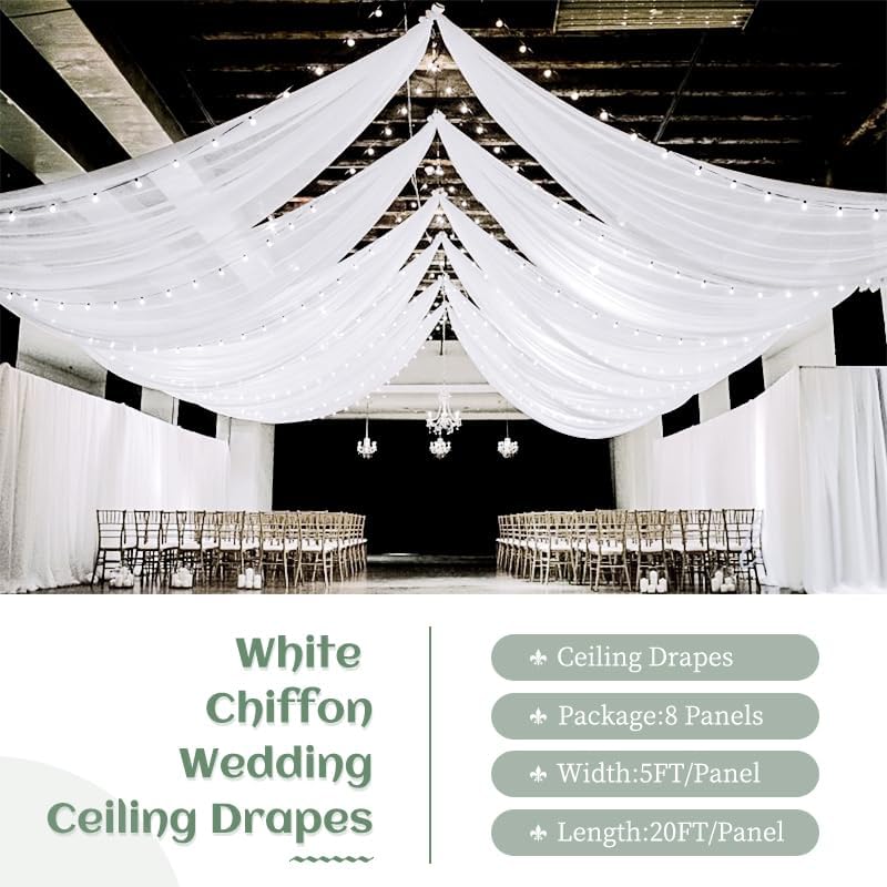 8 Panels White Ceiling Drapes 5ftx20ft Wedding Ceiling Drapes Chiffon Fabric Arch Draping Sheer Curtains Soft Drapery Draping Wedding Ceiling Decorations for Party Ceremony Stage Swag