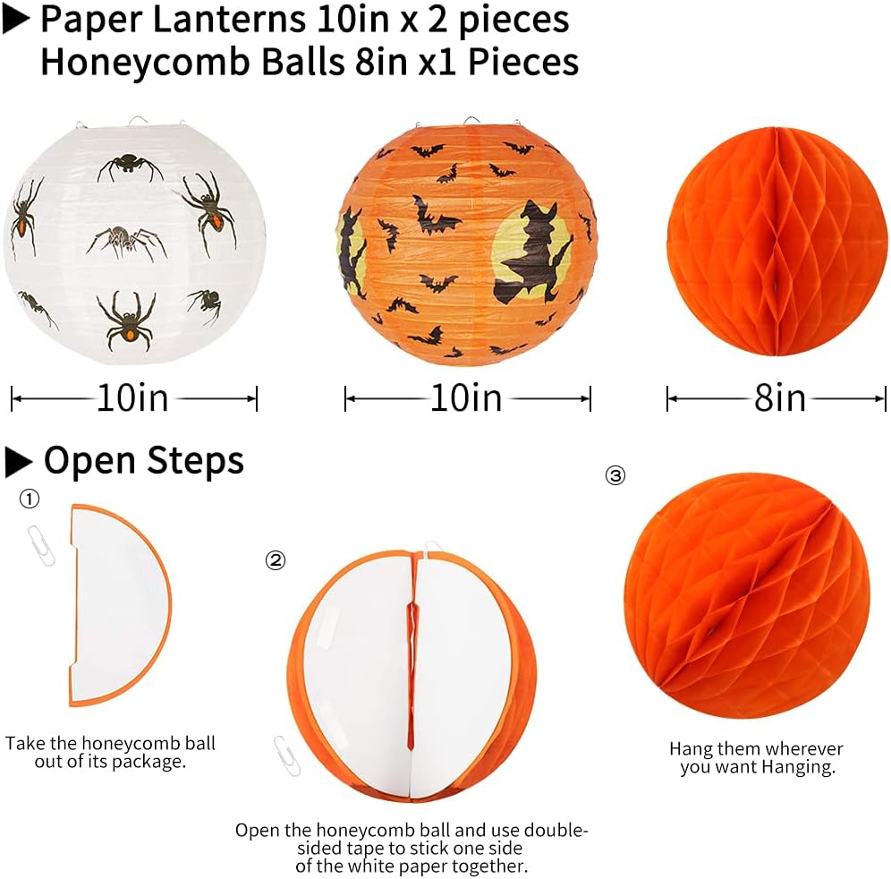 Halloween Party Decorations, Hanging Spider Bat Paper Lanterns Spiders Honeycomb for Halloween Home Decor Birthday Party Supplies Props (Orange, Black)