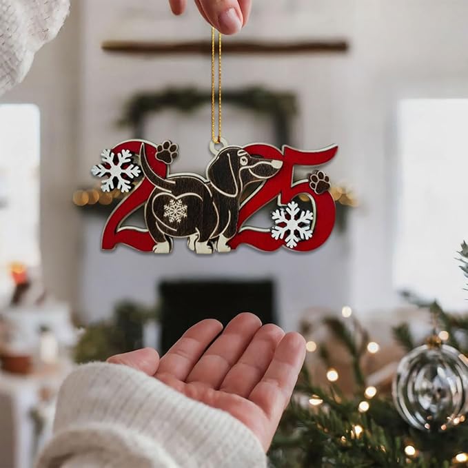 Black Dachshund 2025 Christmas Ornament – Cute Wooden Dog Tree Decoration with Snowflakes & Paw Prints for Dachshund Lovers, Pet Owner Christmas Décor