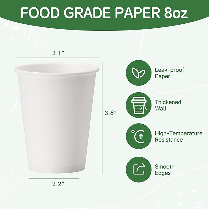 Coffee Cups 8 oz 400 Pack, Disposable Paper Cups 8 oz, White Paper Hot Coffee Cups Suitable for Party, Picnic, Travel, and Events