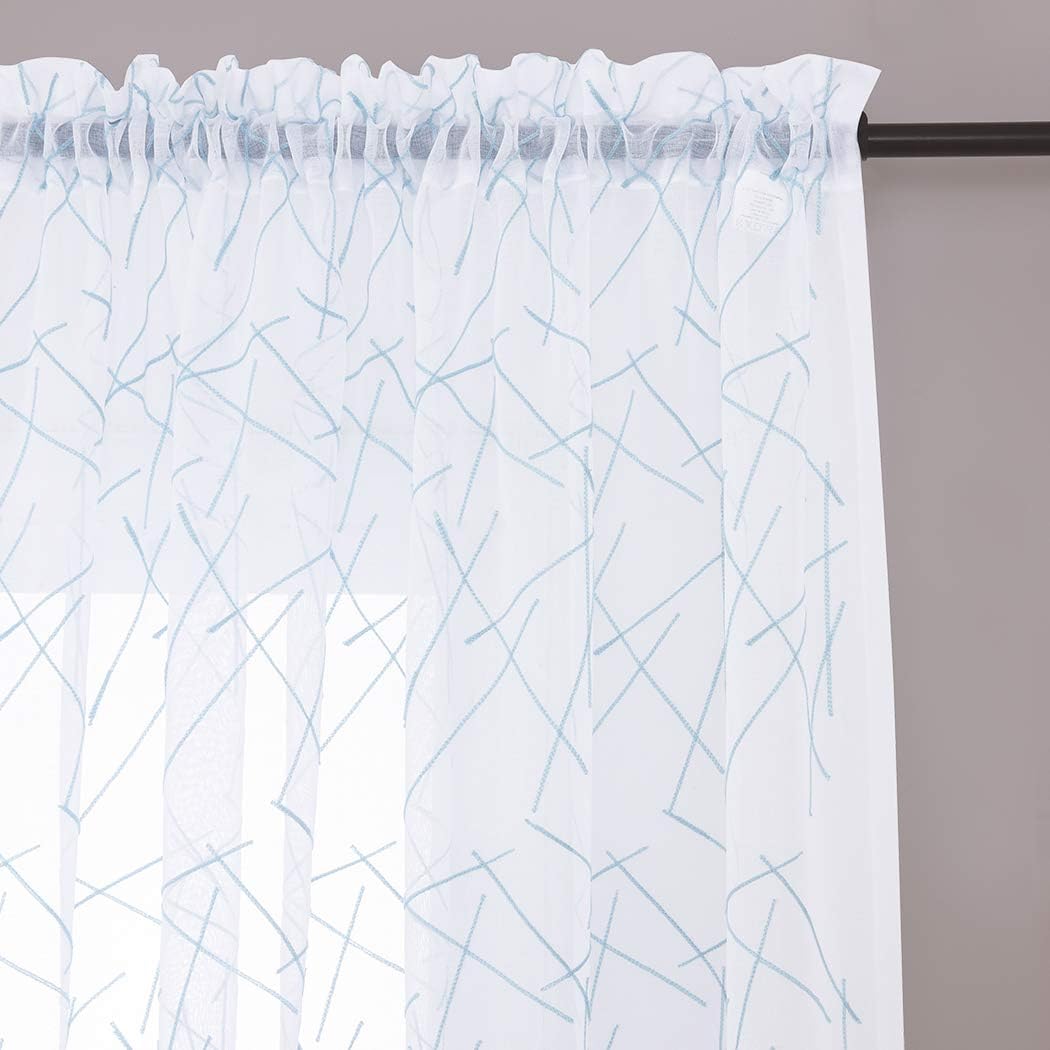 MYSTIC-HOME Sheer Blue Curtains 95 Inches Embroidered Branch Patterned Semi Window Treatments Rod Pocket Voile Curtain Panels for Living Room, Bedroom, Yard, Patio, Villa, Parlor, Set of 2, 52"x95".