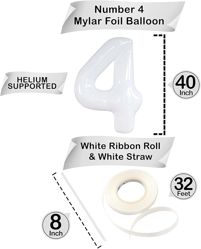 KatchOn, White Number 4 Balloons - 40 Inch | White Number 4 Balloons for Birthdays 4th | | white Number 4 Balloon for Unicorn Birthday, 4th Anniversary