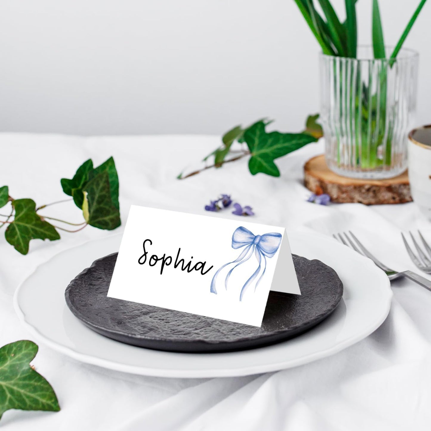 25 Pack Blue Bow Place Cards, Editable Name Cards for Table Setting, Watercolor Tent Cards Food Label for Dinner Party, Bridal Shower, Wedding, Baby Shower and Events -T32