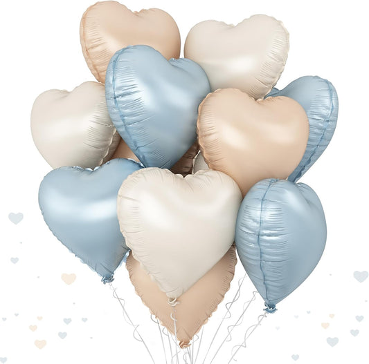 Blue Cream Heart Foil Balloons, 12Pcs Baby Blue Beige Nude Heart Shape Mylar Balloon, 18Inch Macaron Apricot and White Helium Balloons for Boho Birthdays Baby Shower Wedding Valentines Party Decor