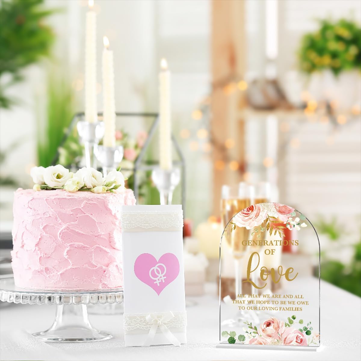 Acrylic Wedding Signs, Bridal Shower Decorations, Modern Calligraphy Arch Acrylic Table Top Sign for Wedding Reception and Engagement Parties - Generations of Love (Clear Pink Flowers)