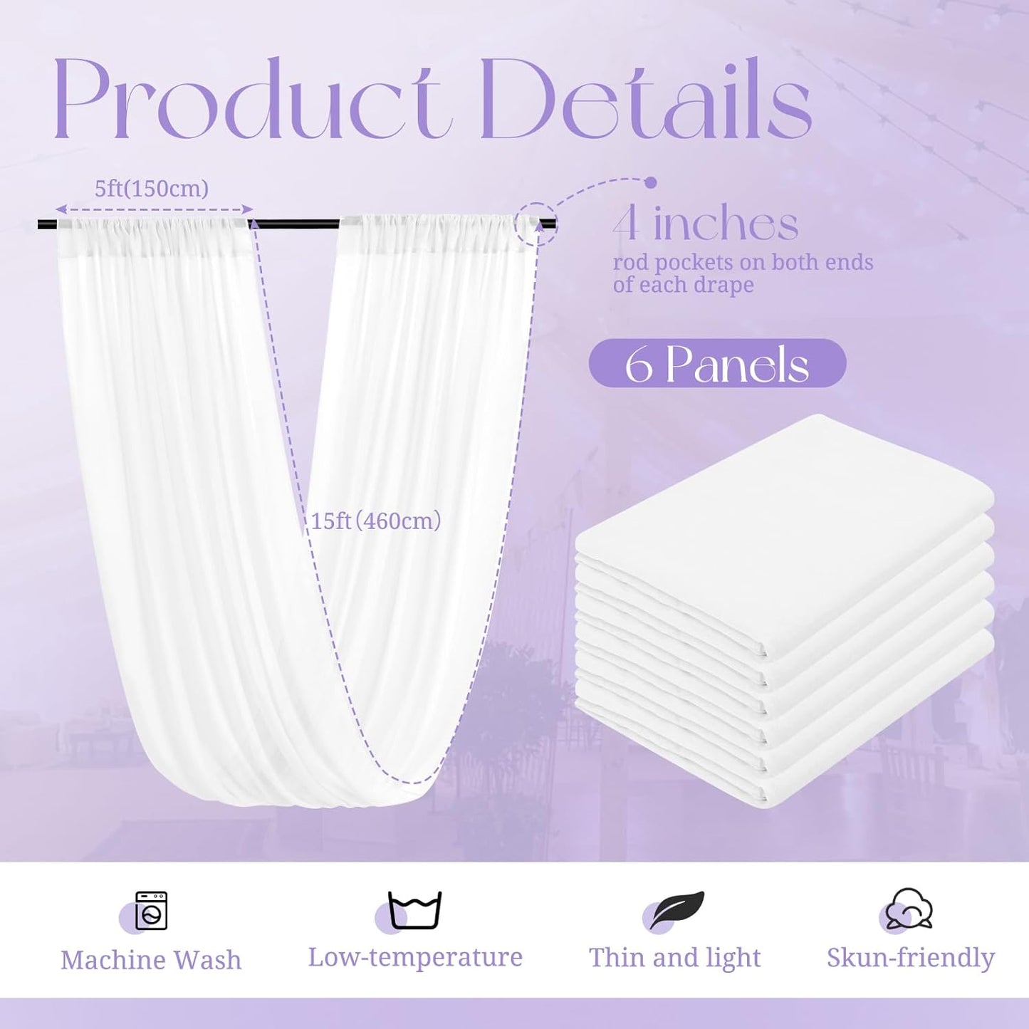 6 Panel White Wedding Drapes, 5ftx15ft Sheer Fabric Curtains for Arch Decorations