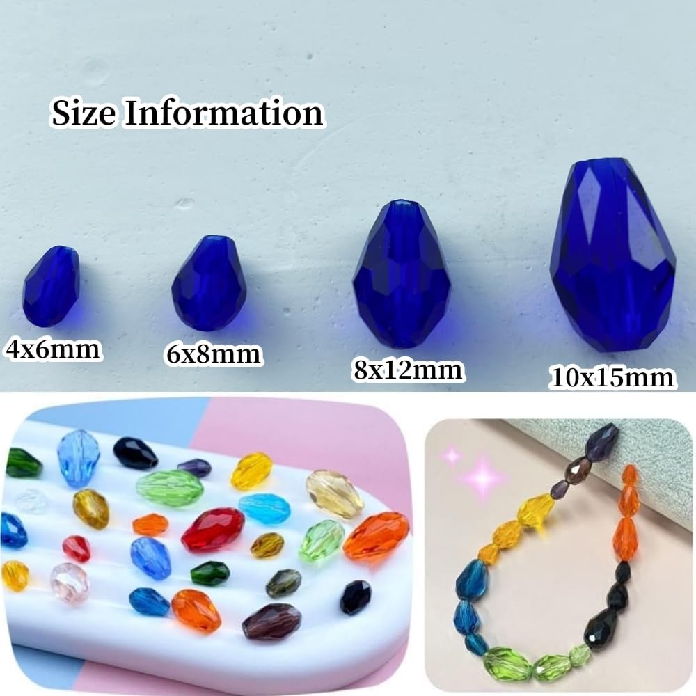 200pcs 4x6mm Teardrop Crystal Glass Beads Vertical Hole Faceted Glass Teardrop Spacer Beads for Bracelets Necklace Earring DIY Jewelry Making Craft(Sapphire Blue)