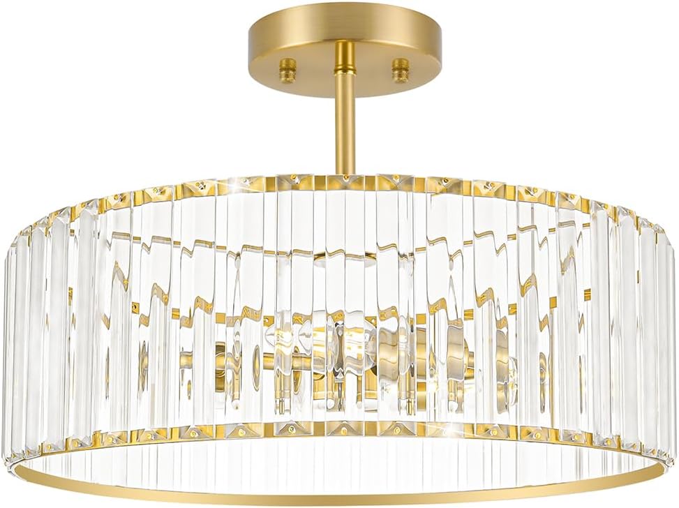 Modern Crystal Ceiling Light Fixture, Semi Flush Mount Ceiling Light, Brushed Brass Hallway Lighting Fixtures Chandelier, Crystal Chandelier for Kitchen Bedroom Dining Room Closet, 5-Light, 16 Inch