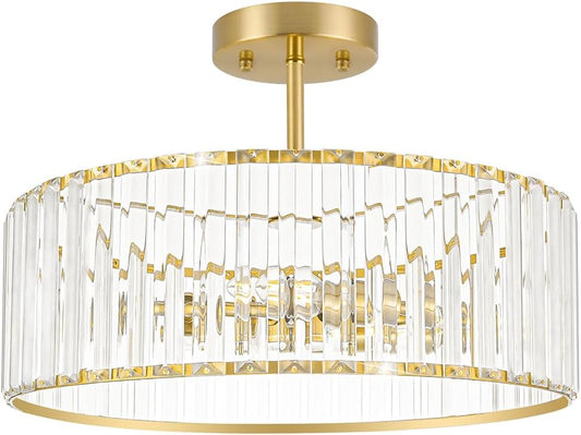 Modern Crystal Ceiling Light Fixture, Semi Flush Mount Ceiling Light, Brushed Brass Hallway Lighting Fixtures Chandelier, Crystal Chandelier for Kitchen Bedroom Dining Room Closet, 5-Light, 16 Inch