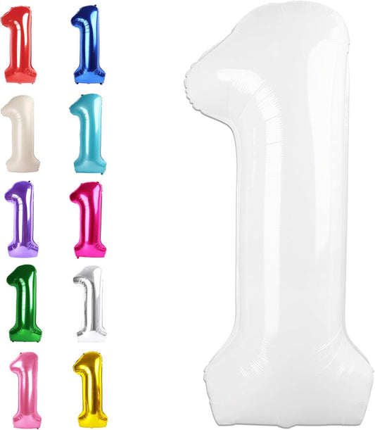 White Number 1 Balloon 40 inch, Number 1 Birthday Balloons for Boy Girl, White Foil One Balloon for 1st 10 11 12 16 18 Birthday Party, Anniversary Celebration Numbers Decorations