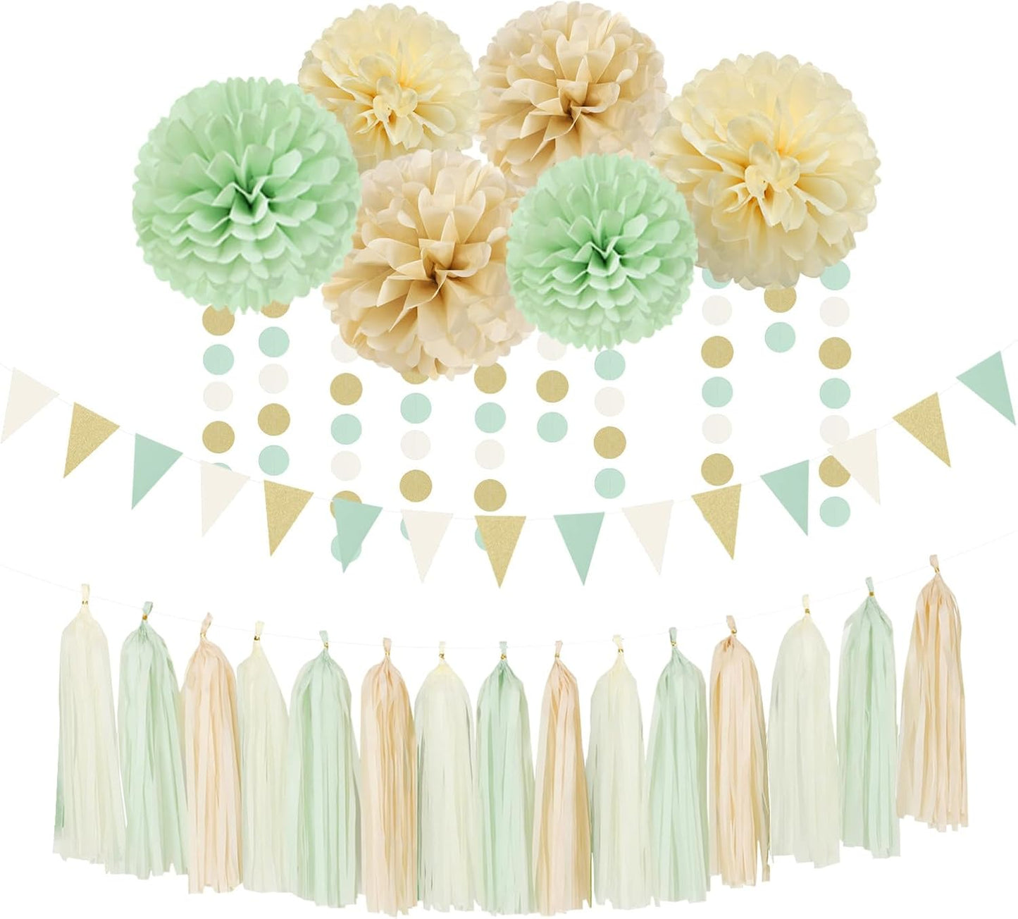 Sage-Green Gold-Champagne Party Decorations - 23pcs Neutral Birthday Baby Shower Tissue Pom Poms Streamers, Boho Wedding Bachelorette Engagement Tassel Garland Banner,Bridal Decor Suppilies Ouruola