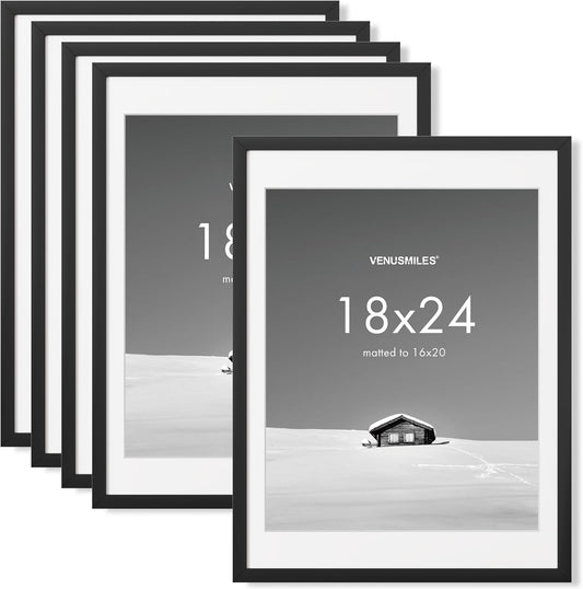 18x24 inch Picture Frame, 18x24 Photo Frames with 16x20 Removable Mat - High Definition Plexiglass - Vertical and Horizontal Display - Wall Hanging Poster Frame - Black, 5 Pack