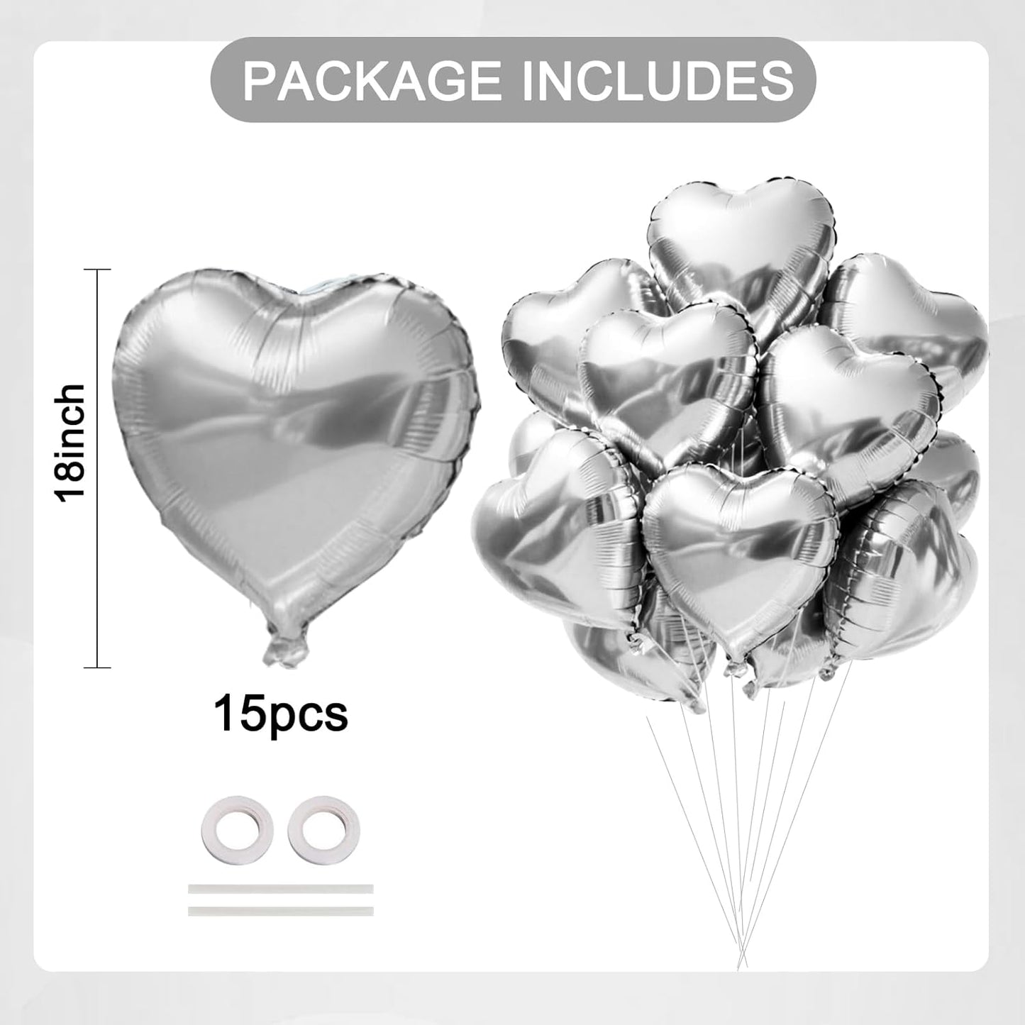 TONIFUL 15Pcs 18 Inch Silver Heart Balloons Silver Heart Shape Foil Mylar Balloons Decoration for Birthday Valentine's Day Wedding Bridal Shower Anniversary Engagement Party Supplies