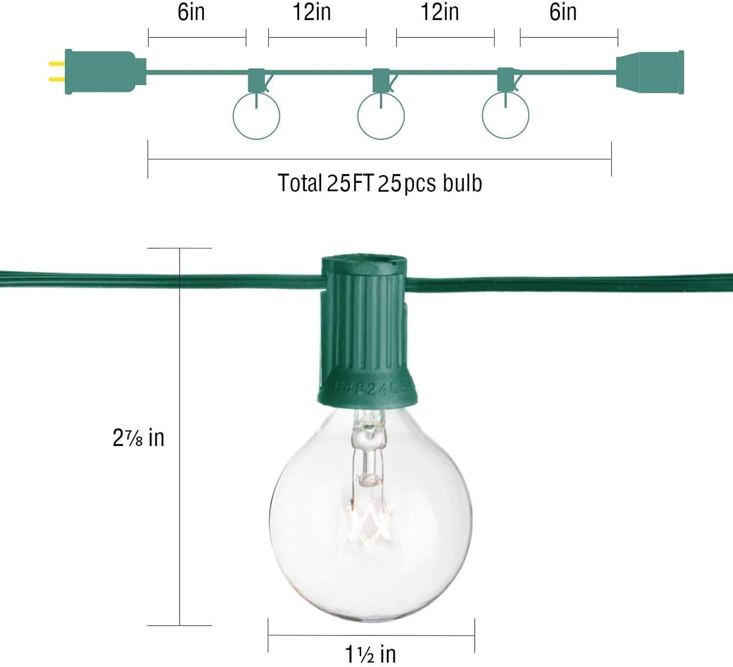 SUNSGNE 25Ft Christmas String Lights, G40 Globe String Light with 27 Clear Bulbs, UL Certified for Outdoor Indoor Garden Party Wedding Pergola Backyard Patio Xmas Decoration, Green Wire