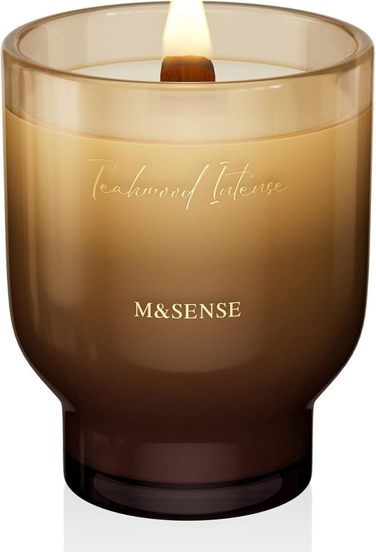 M&SENSE 16.6oz Natural Soy Large Jar Candle with Wooden Wick | Teakwood Intense Scent | 95-Hour Burn & Long-Lasting Burn | Housewarming Gift for Men and Women