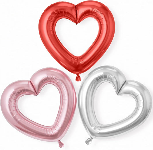 Pink Red Silver Heart Balloons,3Pcs 40Inch Large Hollow Out Heart Foil Balloons for Valentine's Day Birthday Wedding Anniversary Party Decorations