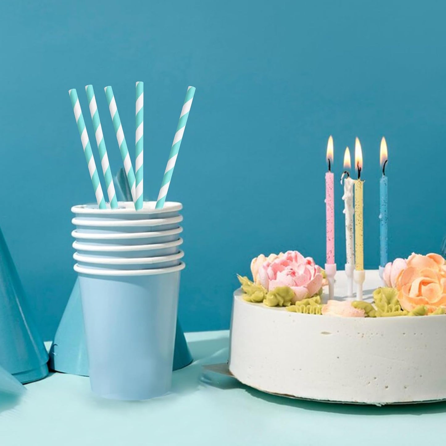 Light Blue 7.75 inch Disposable Paper Straws for Drinking, 100 Counts, Eco-friendly - for Baby Shower, Party, Decoration, Paper Crafts Sticks