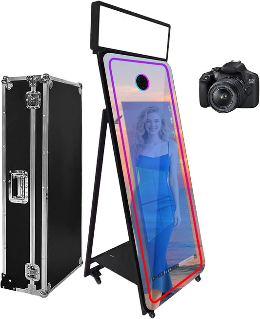 65''Magic Mirror Photo Booth Machine,Mirror Photo Booth 43''Touch Screen,Photo Booth with Flight Case,App Control,RGB Light for Wedding Party Events (Black, Machine+Camera)