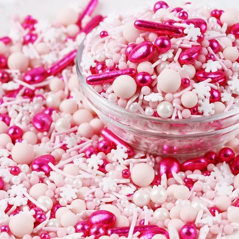 Pink Sprinkles for Cake Decorating 7oz - Snowflake Sprinkles - Metallic Sprinkle Mix for Cookies, Ice Cream, Cupcakes Topper - Rose Gold Sprinkles for Princess Bridal Shower Wedding Party