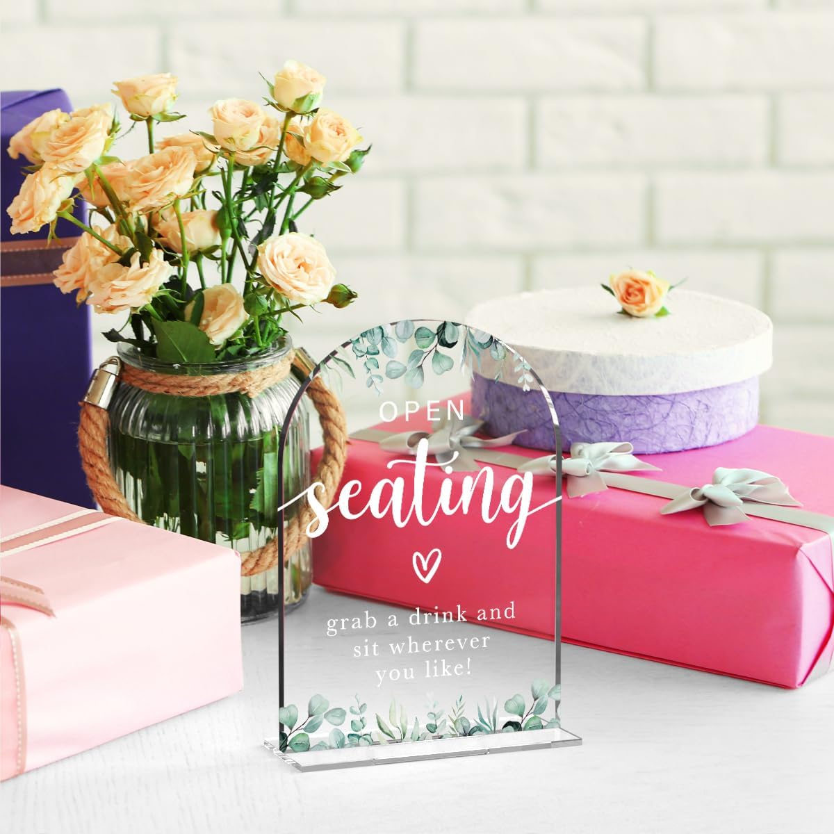 Acrylic Wedding Sign Open Seating Signs for Ceremony Modern Calligraphy Arch Acrylic Table Top Signs for Wedding Reception and Event Party Table Decor (Eucalyptus Leaves)