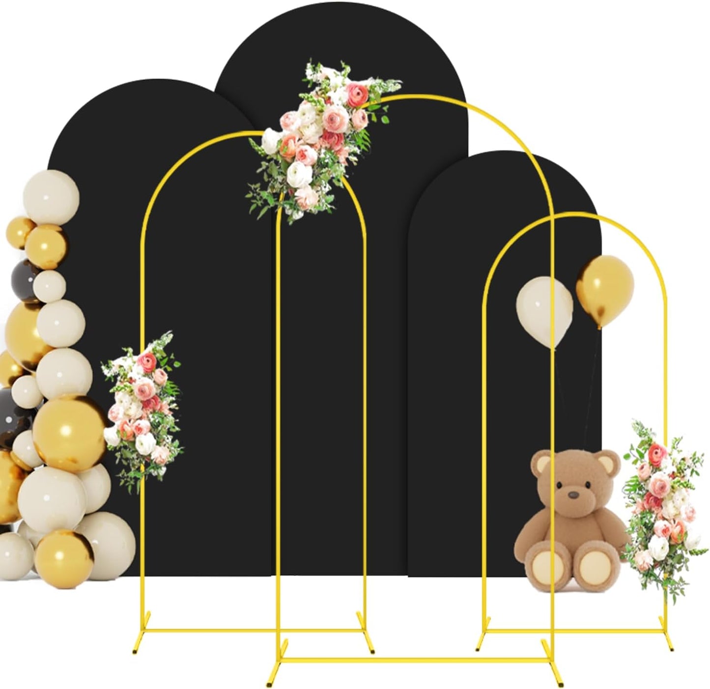 FOTSHARER Wedding Arch Backdrop Stand and Black Arch Covers Stretchy Backdrop Set of 3 (7.2FT, 6.6FT, 6FT) Metal Arched Stand with Spandex Arch Covers for Graduation Ceremony Bridal Shower Event Decor
