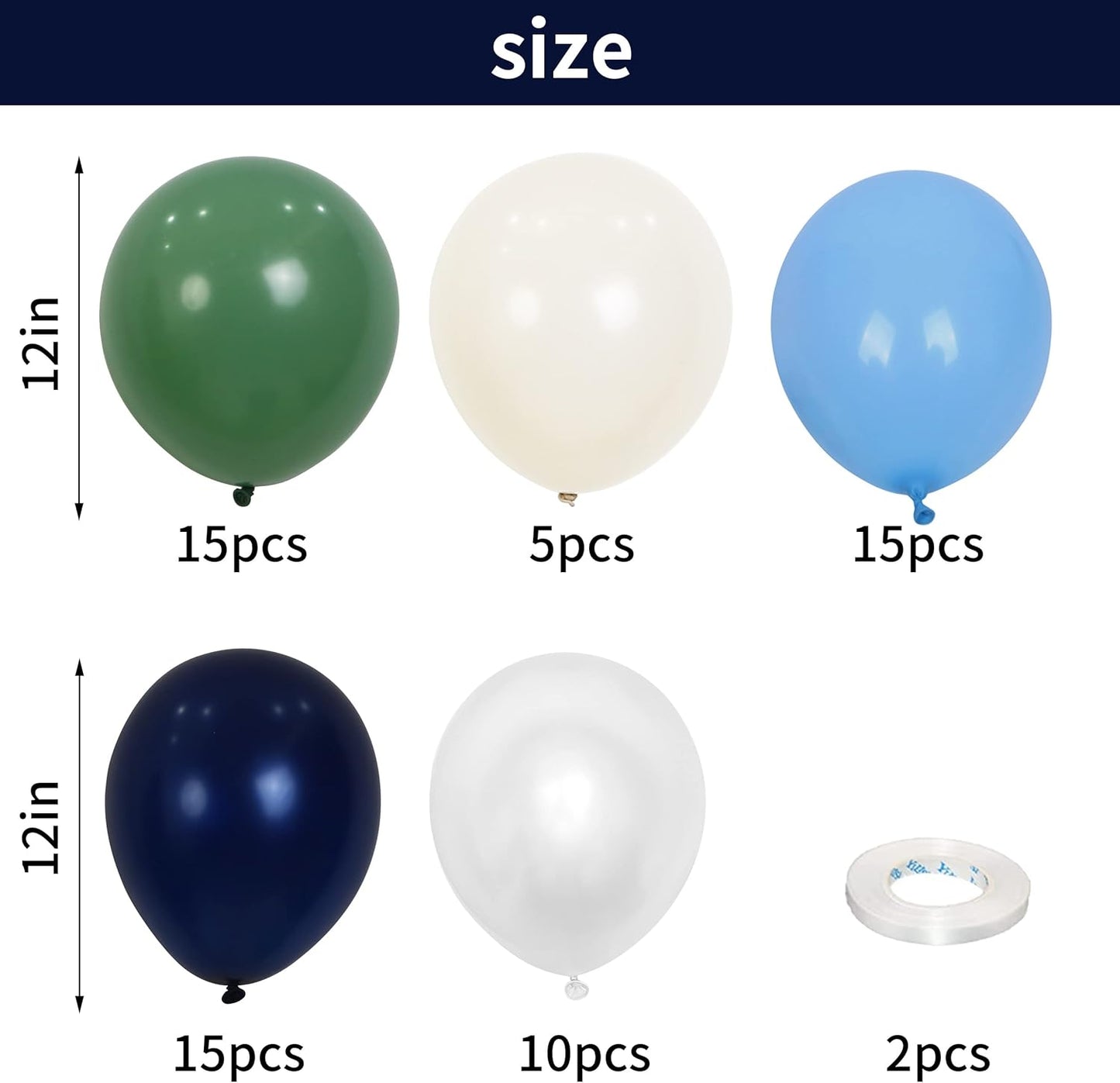 Balloons Green and Blue, 60Pcs 12 Inch Navy Blue Green White Latex Party Balloons for Kids Birthday, Jungle Safari Themed Party, Dinosaur Party Supplies, Baby Shower, Wedding, Anniversary