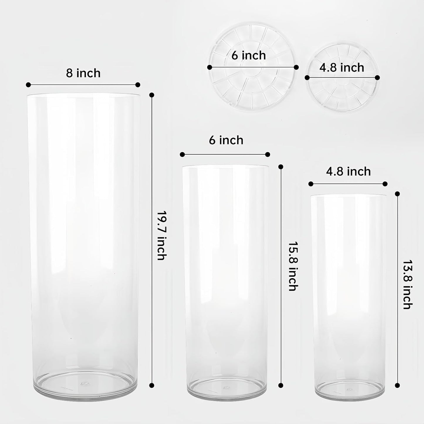 Extra Large Acrylic Cylinder Clear Vase for Floor, Tall Big Wide Mouth Plastic Unbreakable Hurricane Flower Vases of 3 for Home Decor (D 8" X H 19.7", D 6", D 4.8" + 2 Holder)