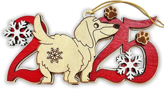 Longhaired Dachshund 2025 Christmas Ornament – Cute Wooden Dog Tree Decoration with Snowflakes & Paw Prints for Dachshund Lovers, Pet Owner Christmas Décor