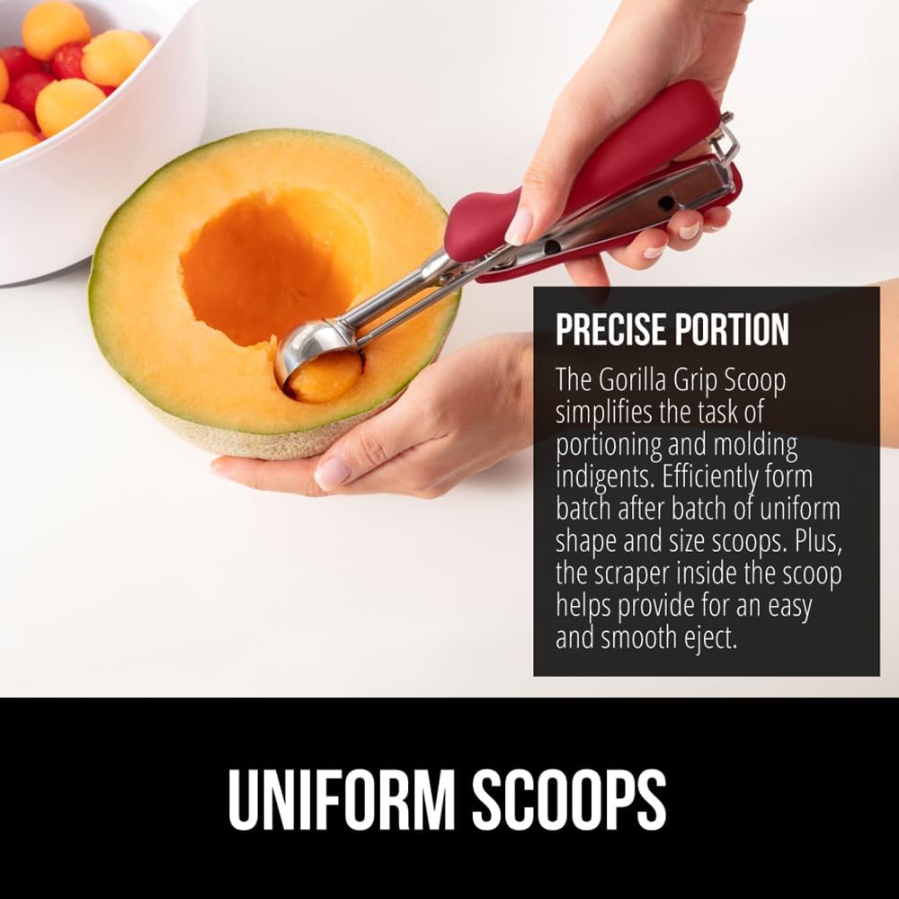 GORILLA GRIP Stainless Steel Cookie Scoop for Baking, 3 TBSP, Multipurpose Melon Baller, Meatball Spring Scoops, Perfect Portion Sizes, Easy Food Release, Scooper Size 20, BPA-Free Kitchen Tool, Red