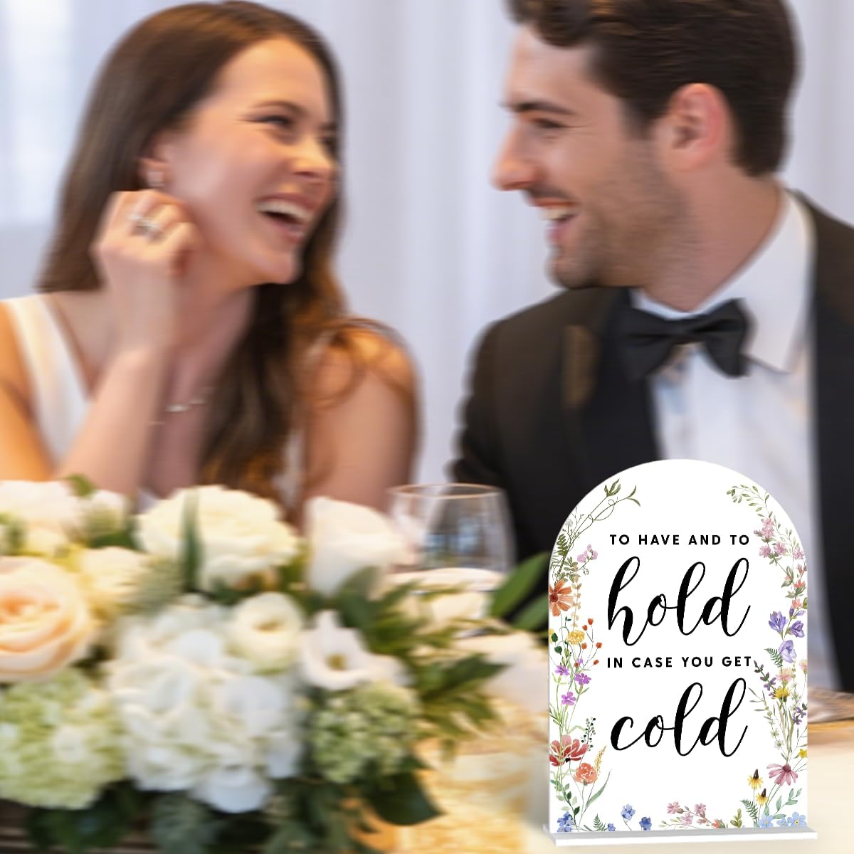 Acrylic Wedding Signs, To Have And To Hold Signs for Marriage Reception, Bridal Shower Decorations, Modern Arched Round Top Acrylic Table Top Sign with Holder for Wedding Party (White Wildflowers)