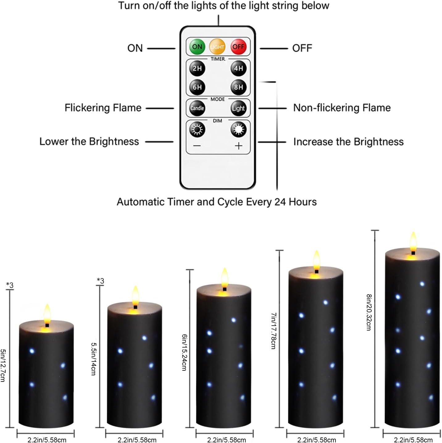 Flickering Flameless Candles,Battery Operated Real Wax LED Pillar Candles with Remote Control and Timer,with Embedded Star String,Set of 9 (Black)