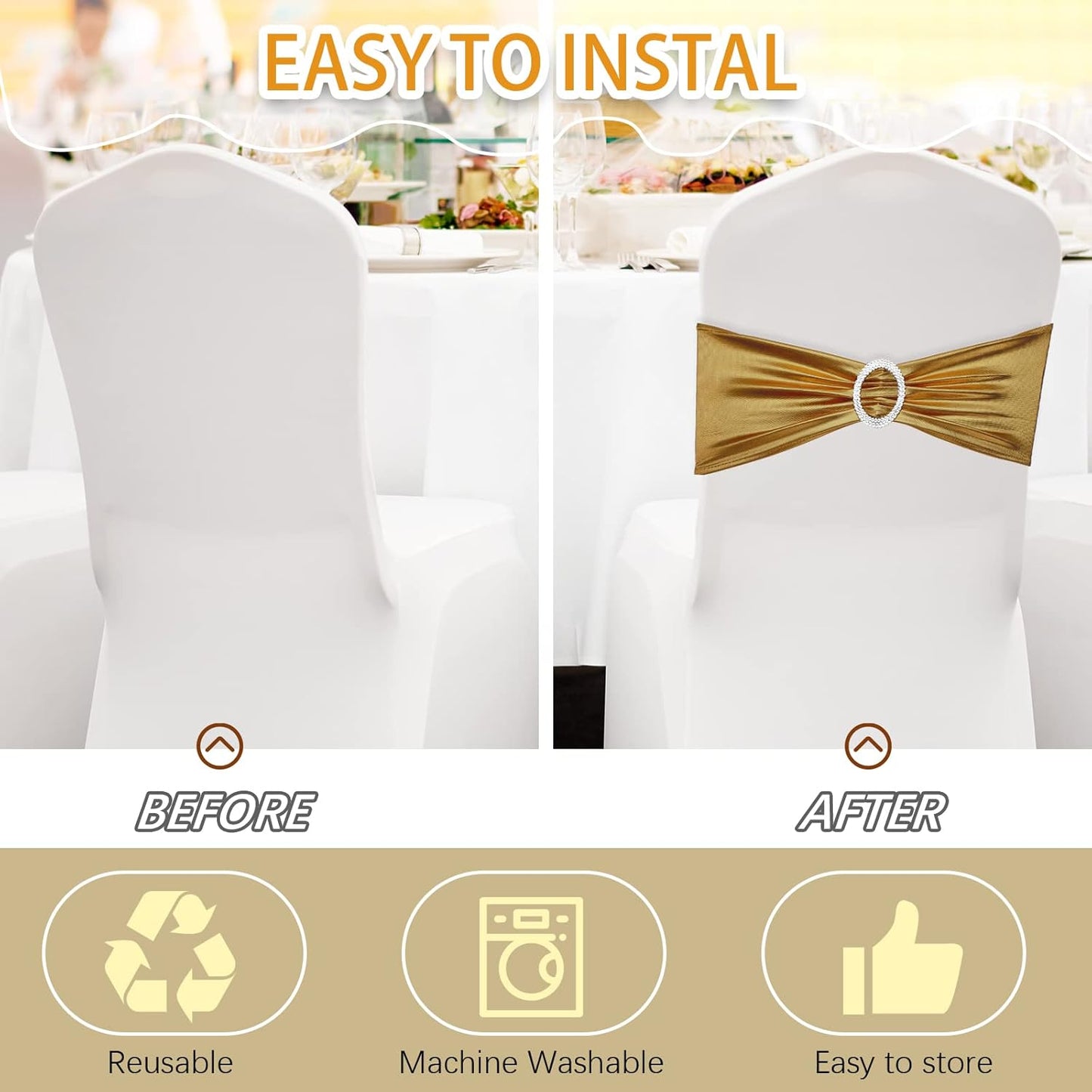 CHENGU 150 Pieces Spandex Stretch Chair Sashes Bows Elastic Chair Cover Bands Ties with Buckle Slider for Wedding Party Reception Events Universal Ceremony Banquet Decorations (Glossy Gold)