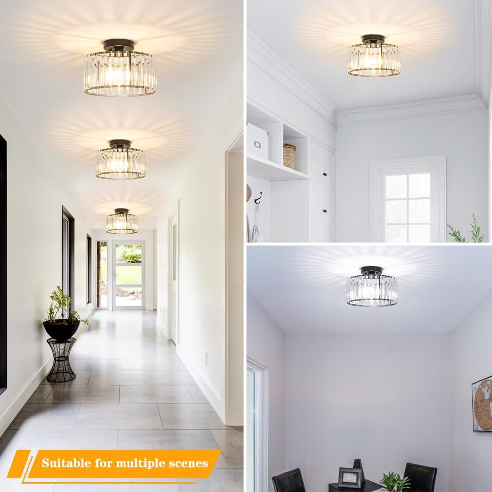 Crystal Ceiling Light Fixture, Modern Semi Flush Mount Ceiling Light, Black Close To Ceiling Light Fixtures, Crystal Chandelier Entryway Light, 11in Chandelier for Bedroom Porch Kitchen Living Room