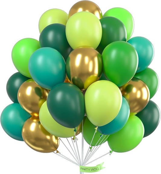 PartyWoo Green Balloons, 60 pcs 12 Inch Lime Balloons, Dark Green Balloons, Lime Green Balloons, Hunter Green Balloons, Assorted Green Balloons, Green and Gold Balloons for Green Birthday Decorations