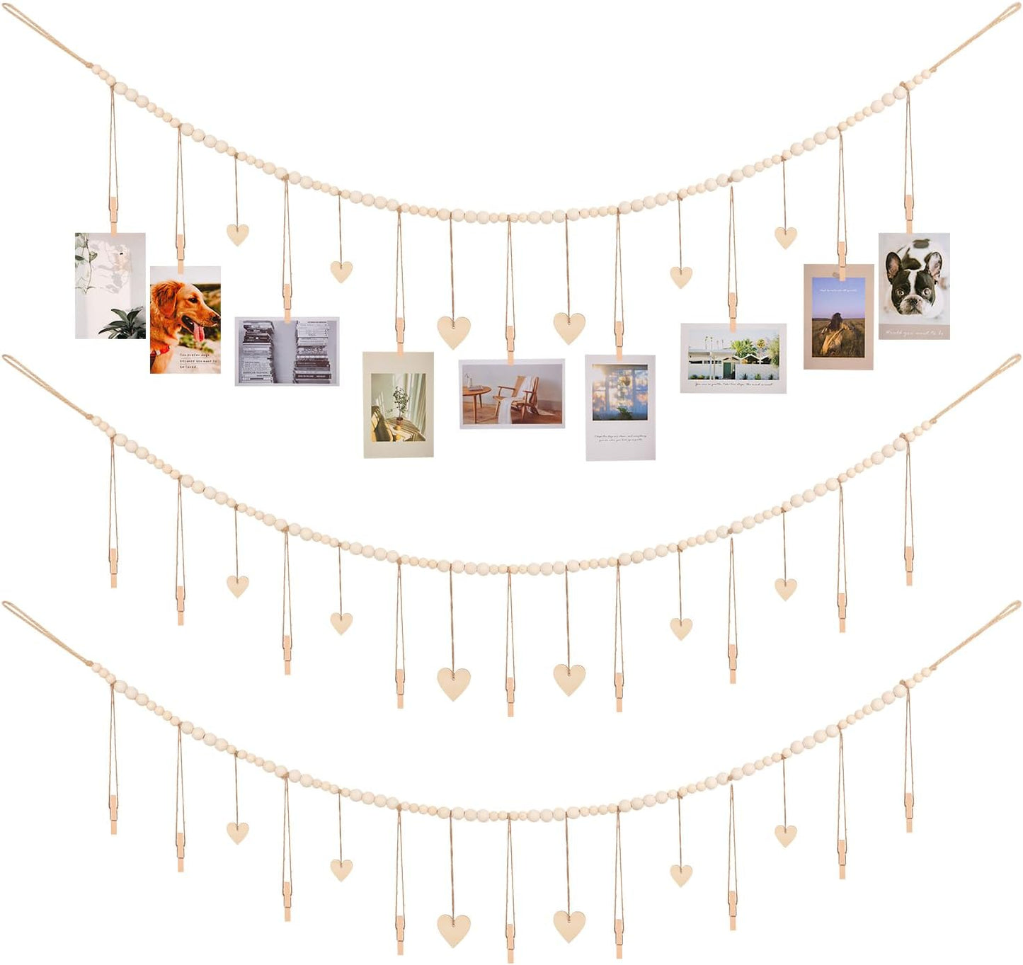 Hanging Photo Display Room Wall Decor, Boho Collage Picture Frame Christmas Cards Holder, Photo Hanger with 9 Wood Clips and 6 Wooden Hearts Tags for Home, Bedroom, Office, Nursery, Dorm Decor (3)