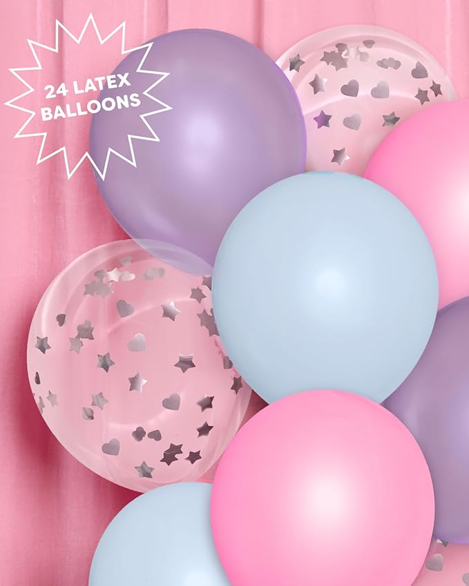 xo, Fetti Pink, Purple, Blue, Clear, Pastel Latex Balloons - 24 pk, 12" | Girls Sleepover Birthday Decorations, Kids Slumber Party Decor, Rainbow Bachelorette Supplies, Cute Party Favor