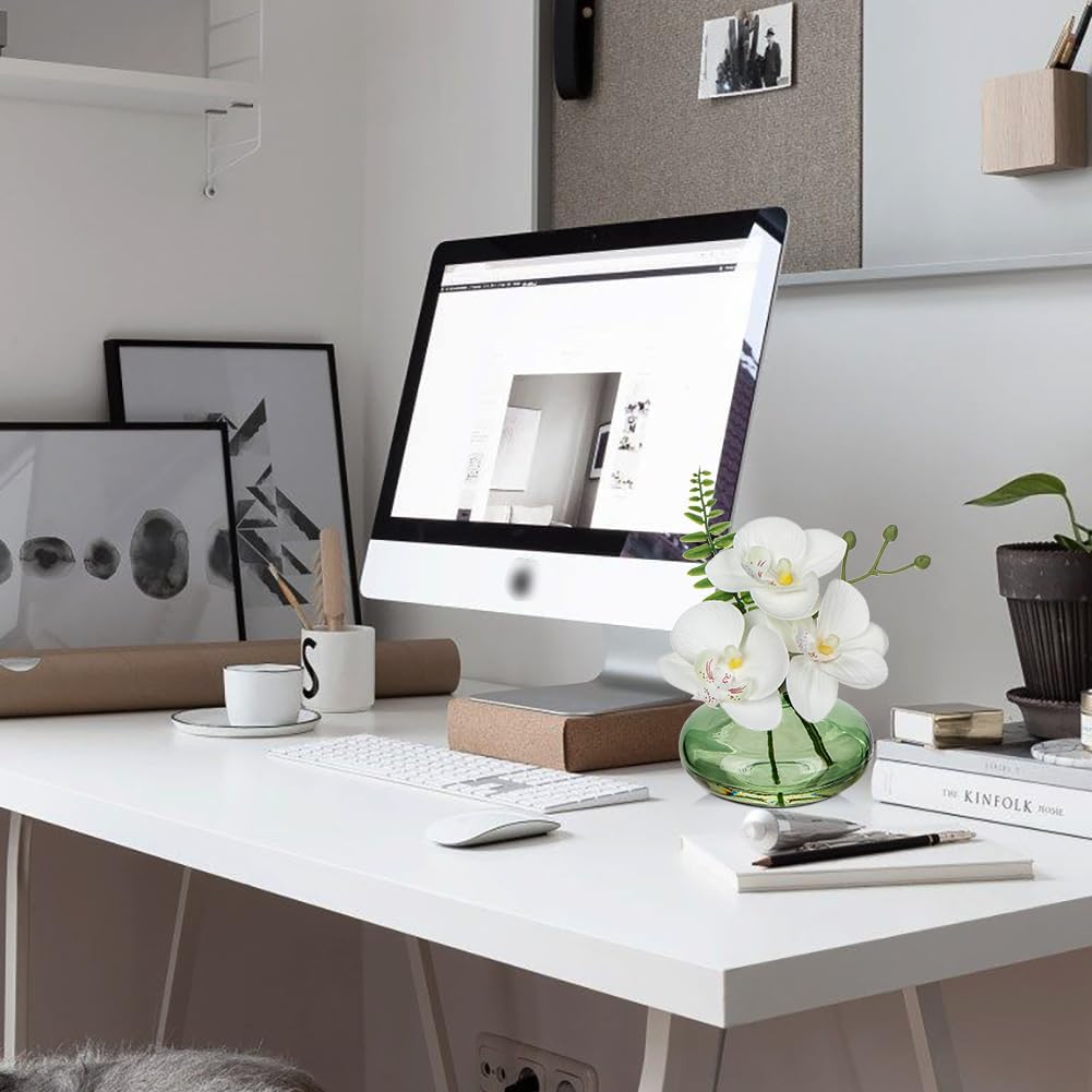 White Orchids Artificial Flowers Faux Orchids Arrangement in Light Green Glass Vases Set of 3 Real Touch Phalaenopsis Orchid Flowers Small Fake Orchid Centerpiece for Dining Room Table