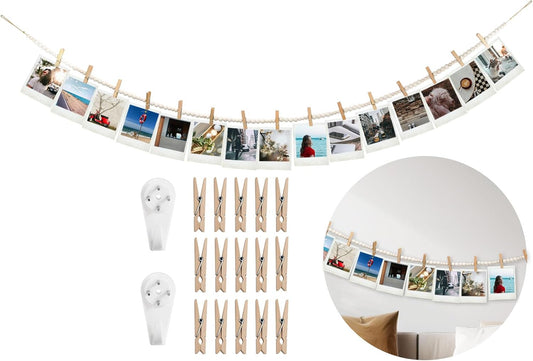 Hanging Photo Display Wall Decor with 15 Wood Clips, 67 Inches Boho Wooden Bead Garland Collage Picture Frame Photos String DIY, Photo Hanger for Bedroom Office Dorm Room Decor Gifts(1PCS)