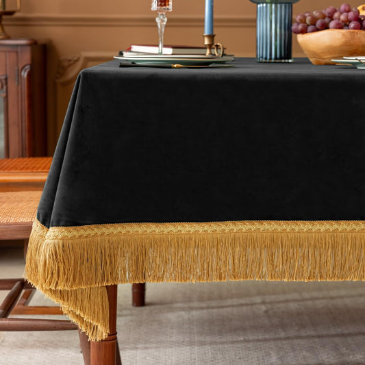 F-CHU Luxury Black Tablecloth Thickset Velvet Tablecloth with Beautiful Gold Tassels Table Cloth for Home Decor Wedding, Party, Banquet and Events 60x102-Inch
