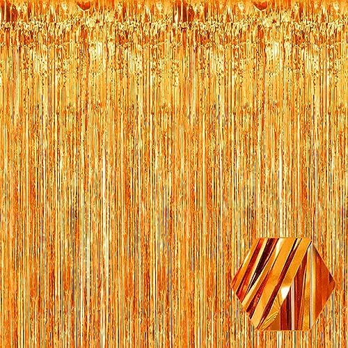 3 Pack Macaron Orange Foil Fringe Curtain Backdrop, 3.28Ft x 8.2Ft Metallic Tinsel Foil Fringe Streamer Curtains for Photo Booth, Christmas Day, Thanksgiving, Wedding, New Year Party Decorations