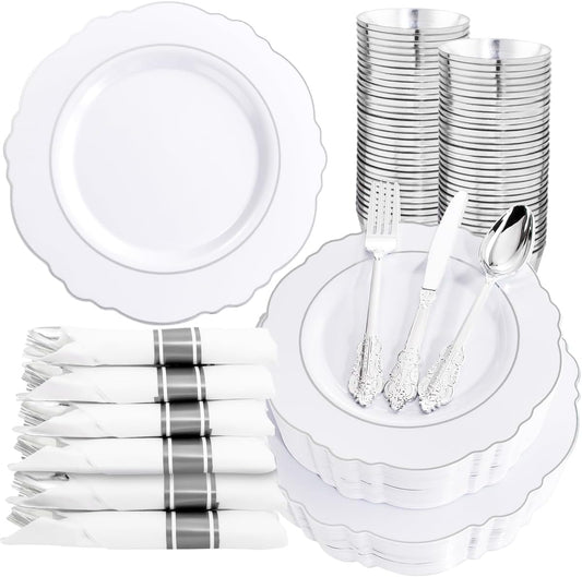 Liacere 350PCS Silver Plastic Plates-Disposable White and Silver Plates 50guest Baroque Plastic Dinnerware Set include 100Plates, 50Pack Pre Rolled Napkins with Silverware 50Cups Perfect for Chrismas