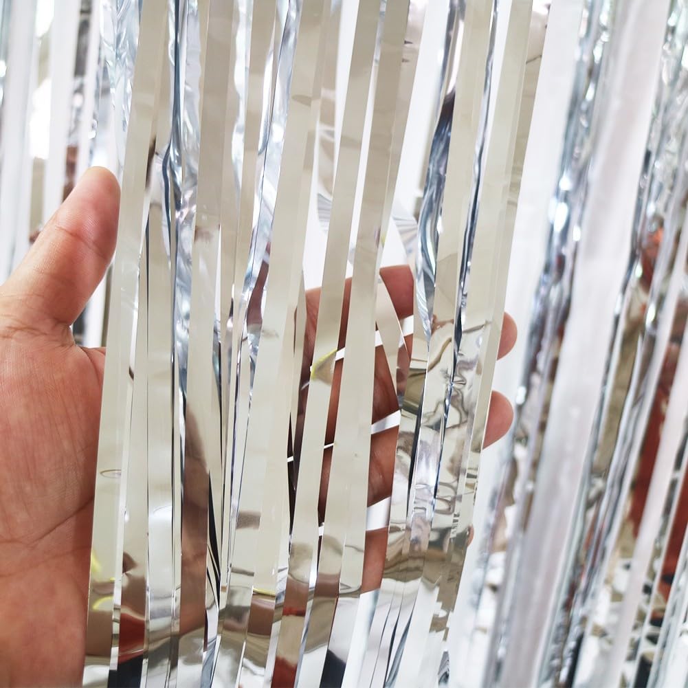 4 Pack Silver Foil Fringe Curtain - Silver Tinsel Streamer Backdrop Curtains for Birthday Party Decorations