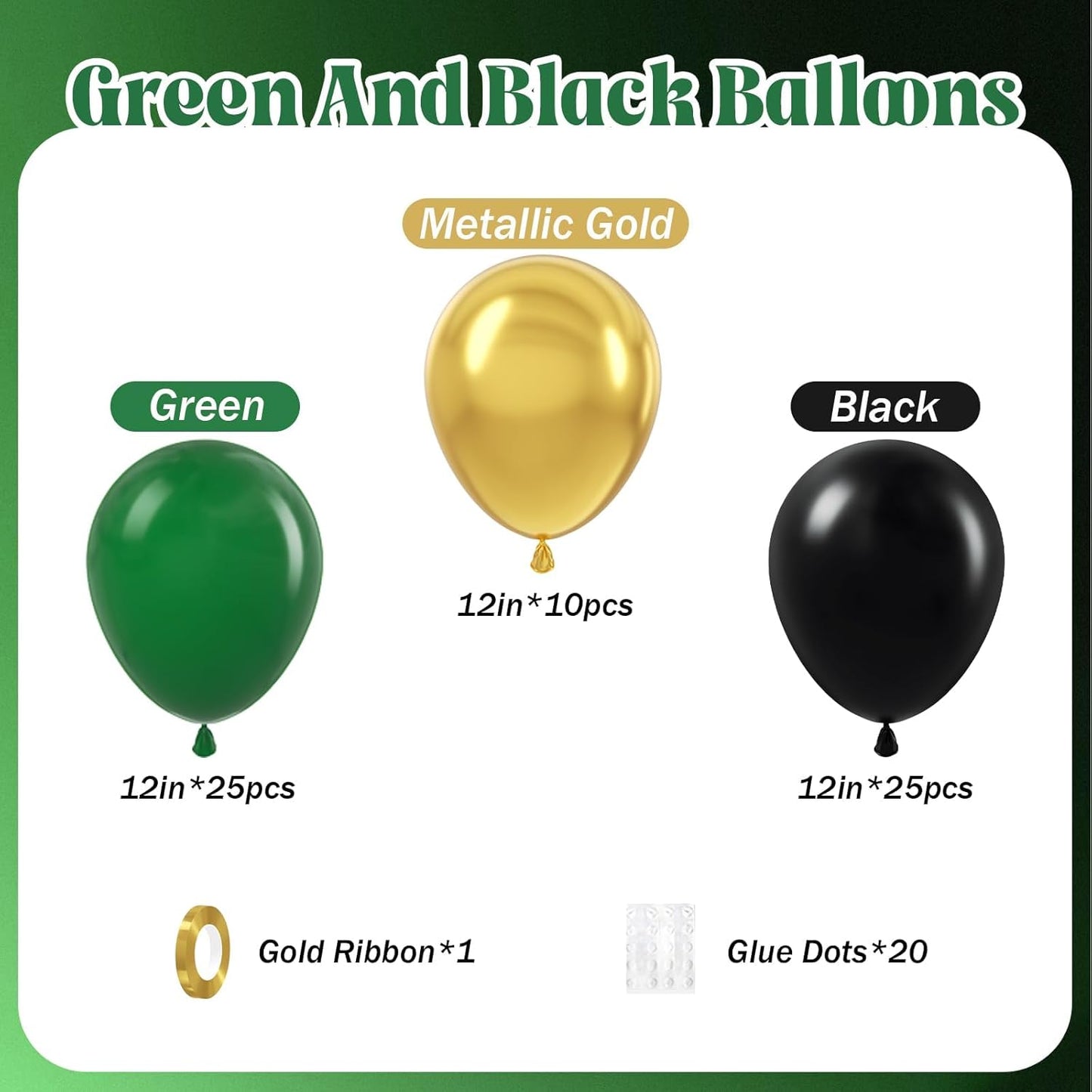 60pcs Green and Black balloons 12inch with Dark Green Metallic Gold Balloons for Jungle Safari Birthday Party Decorations