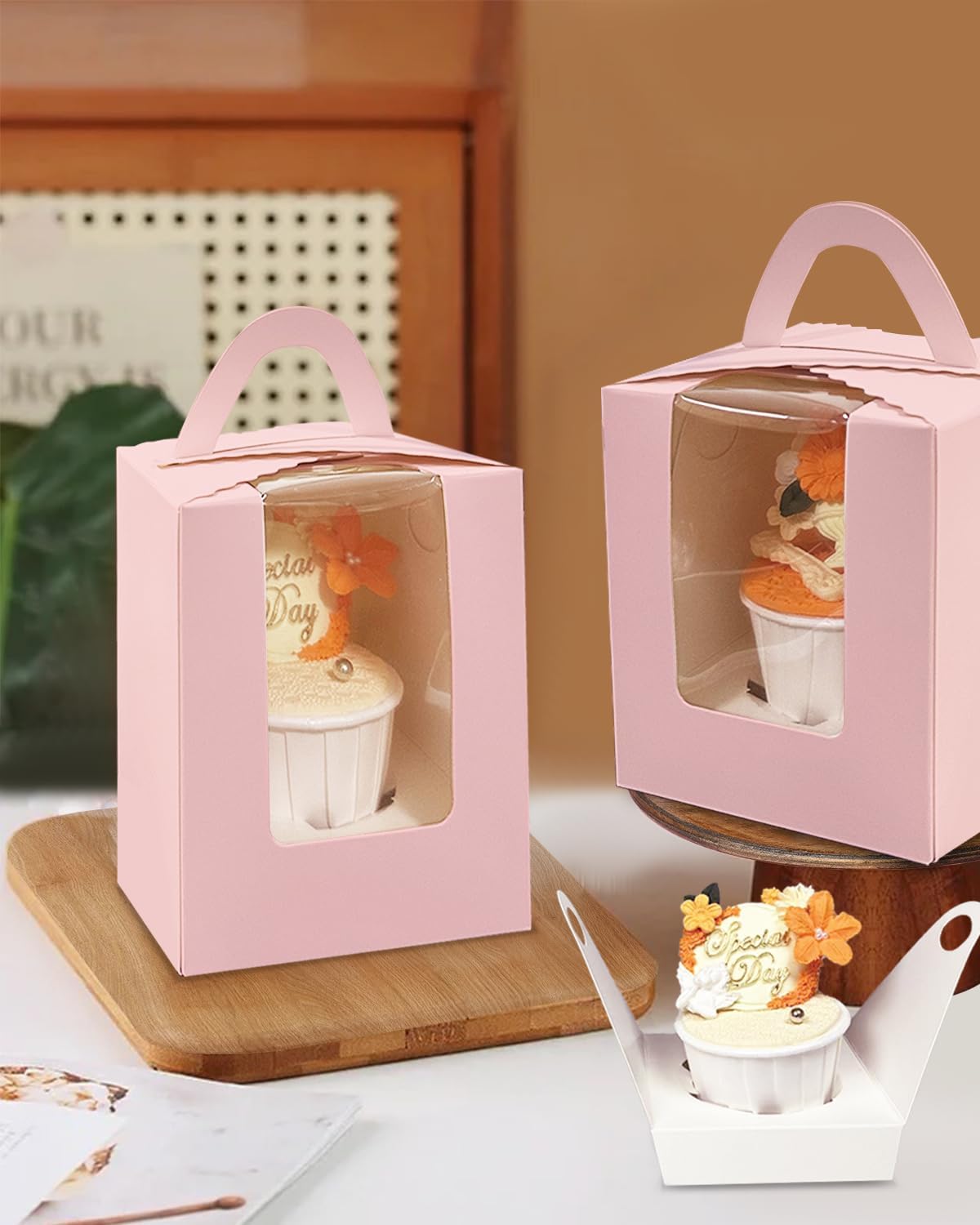 Bakepacker Auto-pop up Individual Cupcake Boxes with Window 25 Count Pink Single Cupcakes Box 3.6 x 3.6 x 4.3inch Cupcake Carrier