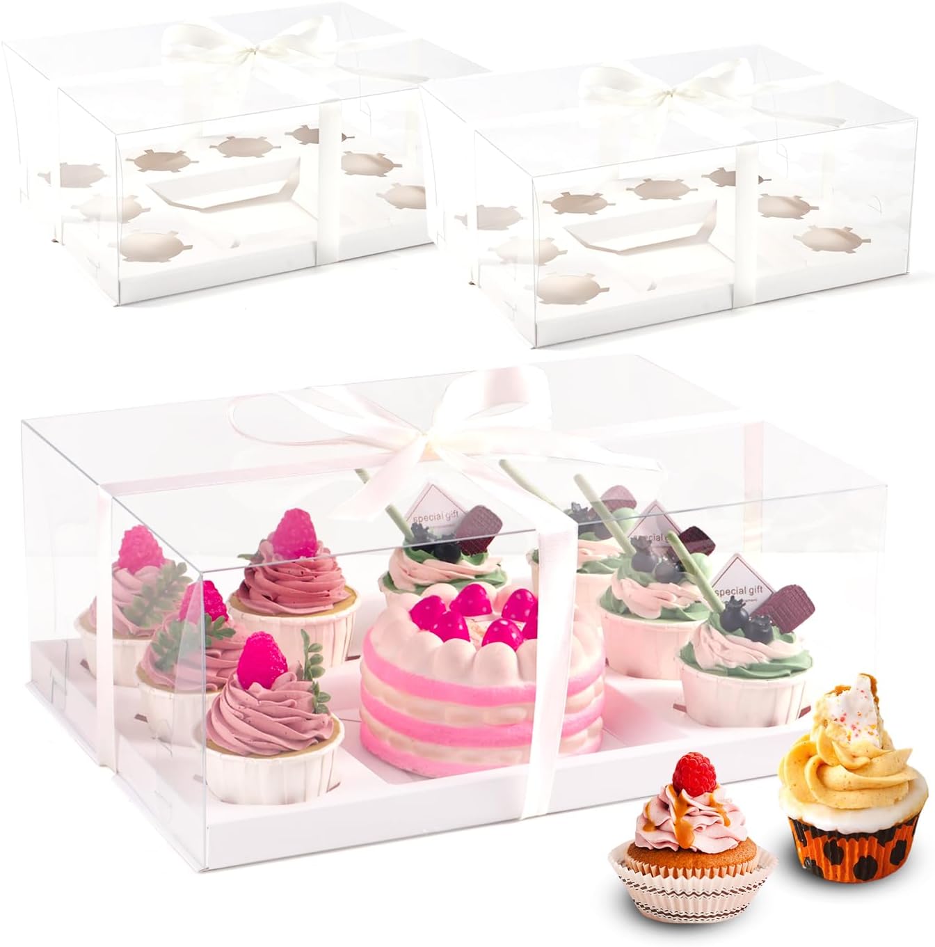 JCD 3 Pcs Bento Clear Boxes 1 mini Cake and 8 Cupcakes Box Cake Cupcake Combo Box Rectangle Cupcake Holder for Treats, Dessert Boxes, Muffins (1+8/3Pcs)