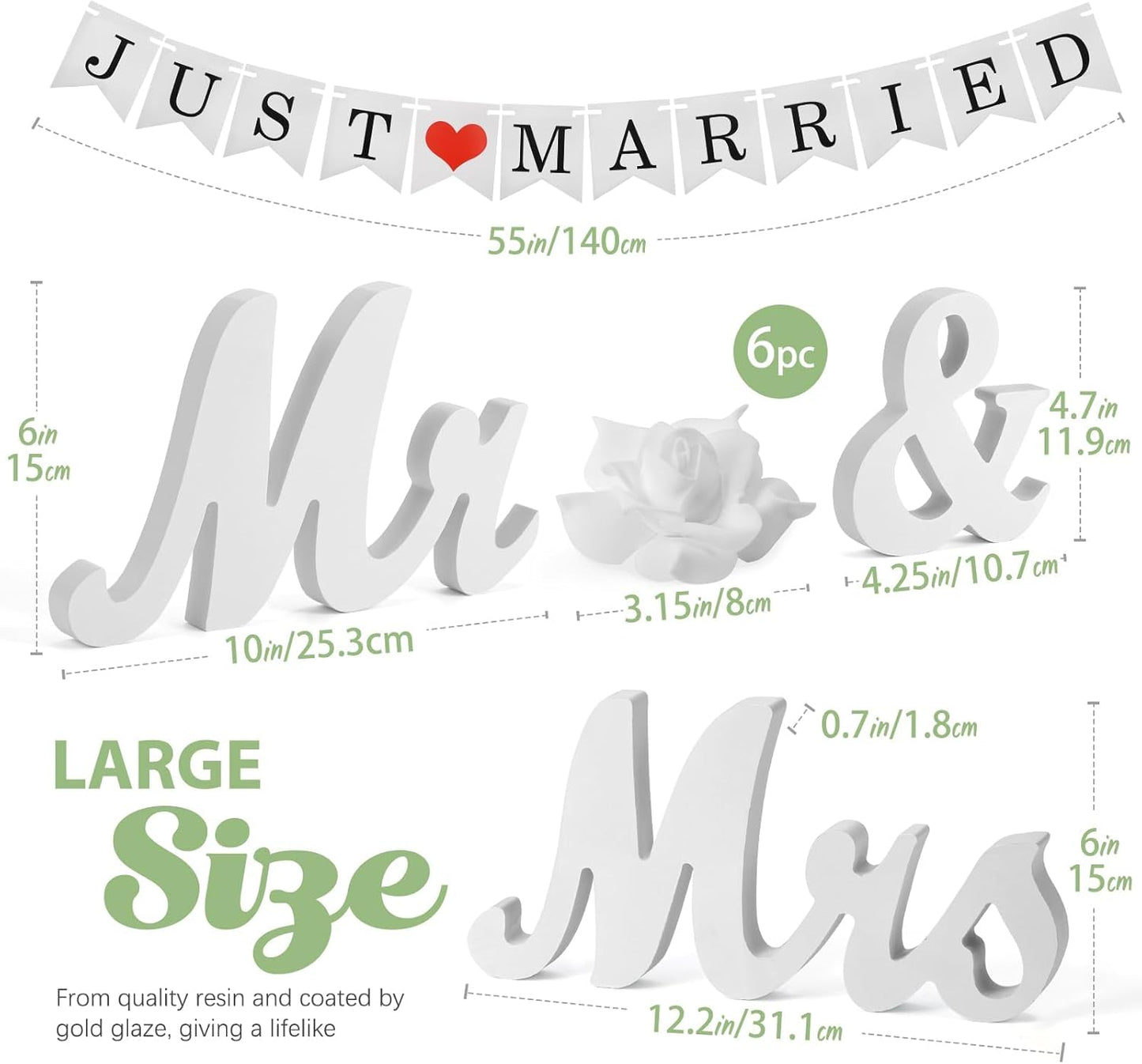 White Wooden Mr and Mrs Signs for Wedding Table, Wooden Wedding Table Signs for Ceremony and Reception - Centerpiece Decorations with Just Married Banner Gifts