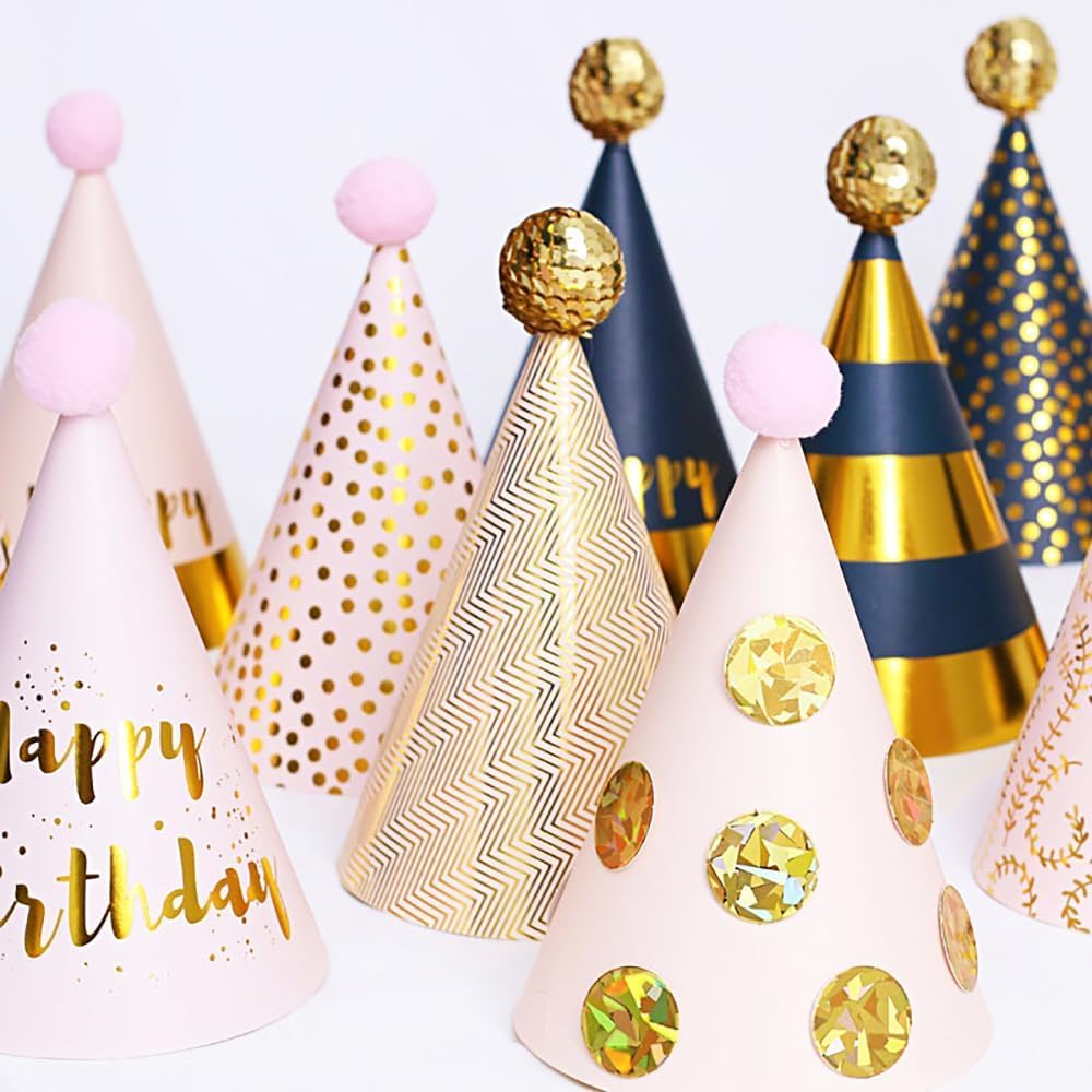 34 Pcs Birthday Party Hats - Gold Cone Hats Including 12 Paper Hats and 22 Noise Makers